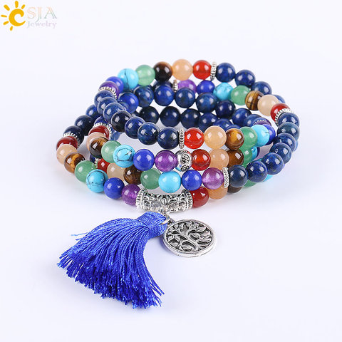 CSJA 7 Chakra Multilayer Charms Bracelets Jewelry Lapis Lazuli 108 Mala Prayer Beads Reiki Healing Yoga Meditation Power E660 ► Photo 1/6