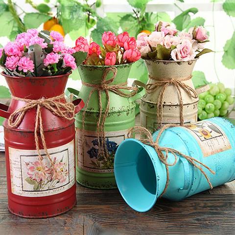 Garden Plants Flower Vase Iron Bucket Home Decoration Pots Arrangement Craft Rural Style Shabby Gift Wedding Vintage Table ► Photo 1/6