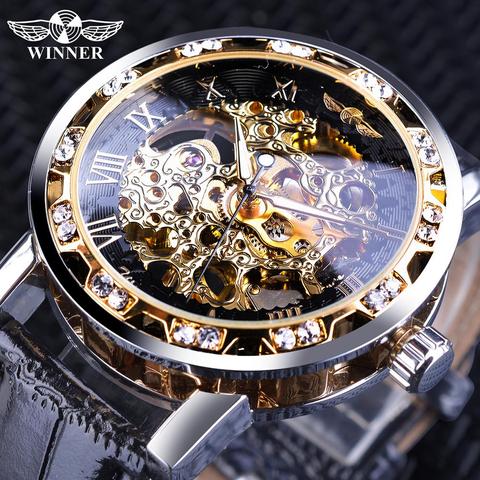 Winner Black Golden Retro Luminous Hands Fashion Diamond Display Mens Mechanical Skeleton Wrist Watches Top Brand Luxury Clock ► Photo 1/6