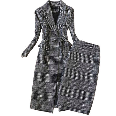 Plaid Suit Women Autumn Winter New Long Woolen Blazer & Skirt Set Temperament Tweed Trench Two Piece Set Plus Size Outfit f1834 ► Photo 1/6