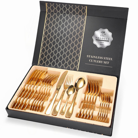 Tableware Gold Stainless Steel Cutlery Complete Fork Spoons Knives Set with Case for Kitchen Dinnerware Sets of Cutlery 24 Pcs ► Photo 1/6