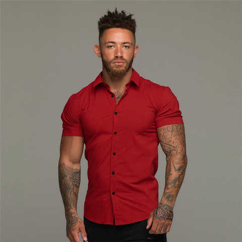 Summer Fashion Short Sleeve Shirt Men Solid Super Slim Fit Male Social Business Dress Shirt Brand Men Gym Fitness Sport Clothing ► Photo 1/6
