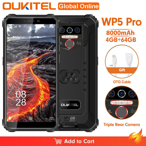 OUKITEL WP5 Pro IP68 Waterproof Smartphone 8000mAh Android 10 Triple Camera Face/Fingerprint ID 5.5 Inches 4GB 64GB Mobile Phone ► Photo 1/6