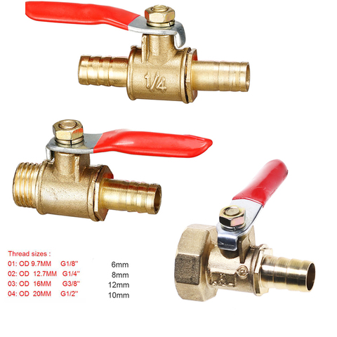 1pcBrass ball valve 4-12mm hose barb 1/8''1/2''1/4'' male thread, female thread joint, straight joint, for water, oil, fuel pipe ► Photo 1/5