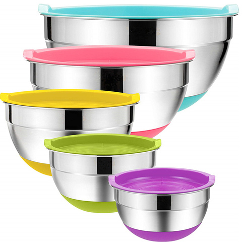 5 Pieces Stainless Steel Mixing Bowls 18/20/22/24/26cm Diameter Metal Nesting Bowls with Colorful Airtight Lids Non-Slip Bottoms ► Photo 1/6