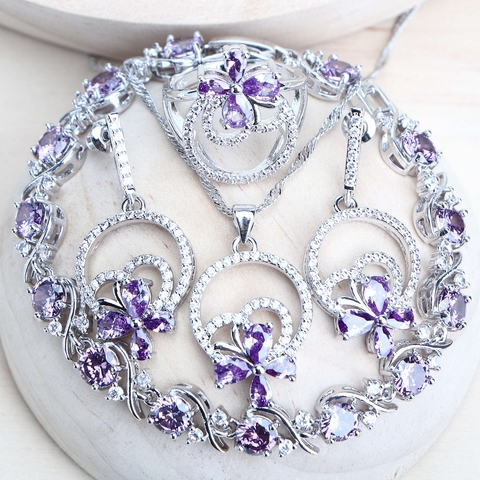 Purple Zirconia Silver 925 Bridal Jewelry Sets For Women Costume Jewellery Bracelets Wedding Rings Earrings Pendants Necklace ► Photo 1/6