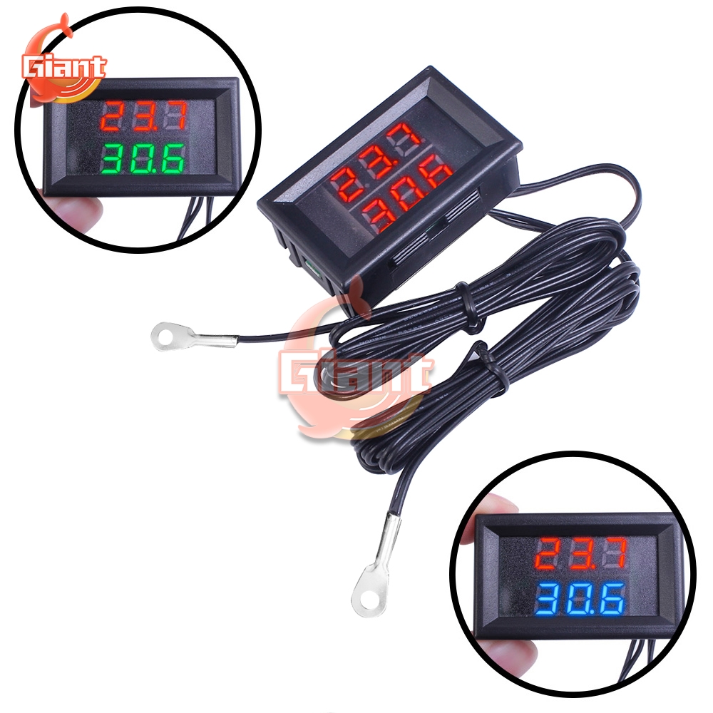 LED Dual Display Digital Thermometer Sensor DC 4-28V NTC Metal Waterproof Probe 
