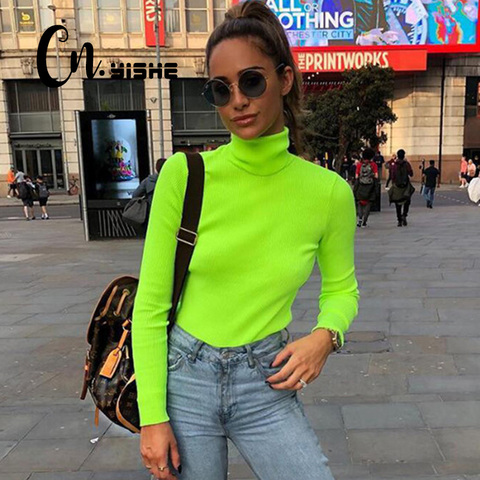 CNYISHE 2022 Neon Green T-shirt Women Regular Tee Tops Long Sleeve Turtleneck Sexy Women Streetwear Shirts Blusas Female Outwear ► Photo 1/6