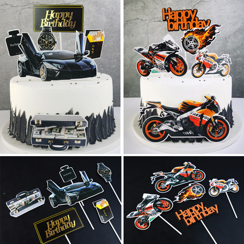 Motorcycle Happy Birthday Cake Topper Combination Car Cupcake Toppers Boys Men Birthday Party Wedding Dessert Cake Decorations ► Photo 1/6