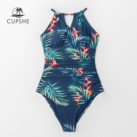 CUPSHE Teal Floral Cutout Halter One-Piece Swimsuit Sexy Lace Up Back Women Monokini 2022 New Beach Bathing Suits Swimwear ► Photo 1/6