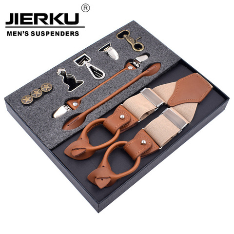 Men's Suspenders Kit Leather Alloy 6 Clips Braces Male Vintage Casual Suspensorio Trousers Strap Christmas Gift with Hooks ► Photo 1/6