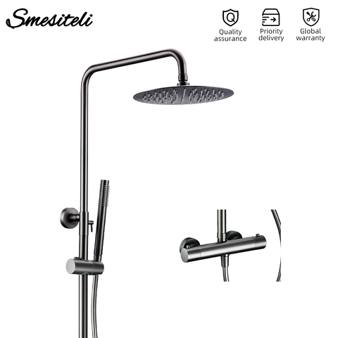 Smesiteli Brass Gunmetal Thermostat Mixer Diverter Wall Mounted With Rain Head Handshower Thermostatic Shower Bathroom Faucet ► Photo 1/6