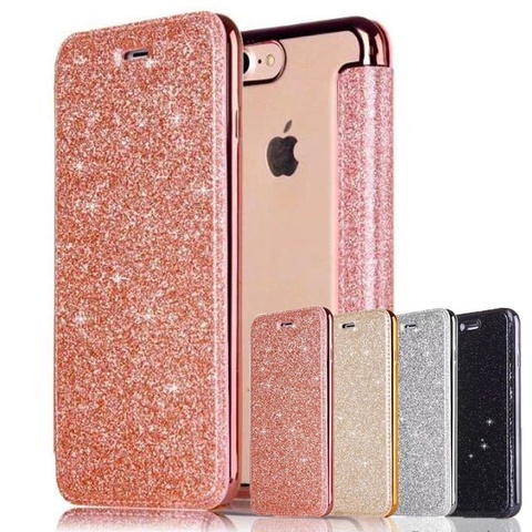 Luxury Glitter Leather Flip Wallet Case For iPhone 12 11 Pro XS Max XR X 7 8 Plus 6s Plus 5 5S SE2022 Clear Bling Back TPU Case ► Photo 1/6