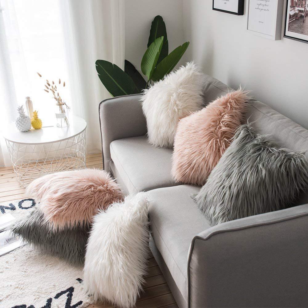 Throw Pillow Cover Cushion Case Faux Fur Fluffy Plush Soft Sofa Solid Home Decor 