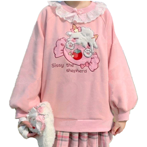 2022 Autumn New Women Lace Neck Cute Hoodies Harajuku Kawaii Sweatshirt Women Pink Pullover Lamb And Candy Embroidery Sudadera ► Photo 1/6