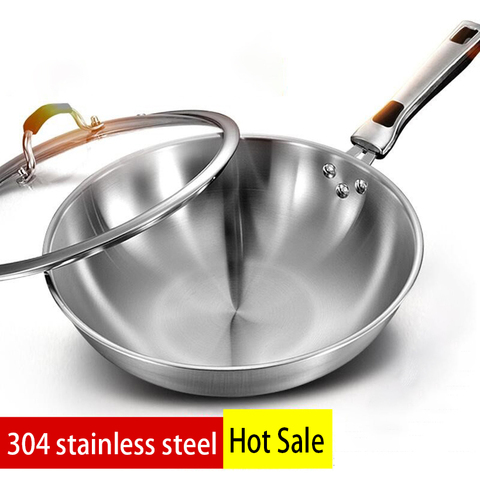 32cm Fume-free Non-stick Pan Wok 304 Stainless Steel Frying Pan with Glass Cover Household Uncoated Wok Cooker Gas Suitable ► Photo 1/6