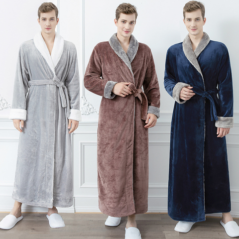 Women Men Winter Plus Size Flannel Robe Extra Long Hooded Warm Bathrobe  Lovers Thick Kimono Bath Robe Male Dressing Gown Robes