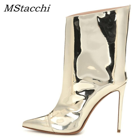 MStacchi Women Winter Patent Leather Boot Women Pointed Toe Thin High Heels Shoes Ladies Sexy Metal Golden Ankle Boots For Women ► Photo 1/6