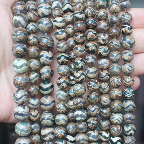 Green Wave line Tibet Ancient Dzi Agates 8/10mm Round Beads , DIY Jewelry Making ! ► Photo 1/5