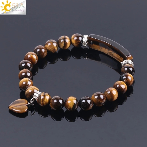 CSJA Natural Stone Tiger' Eye Bracelets for Women 8mm Round Beaded Healing Crystal Heart Charms Stretch Bracelet Protection F105 ► Photo 1/6