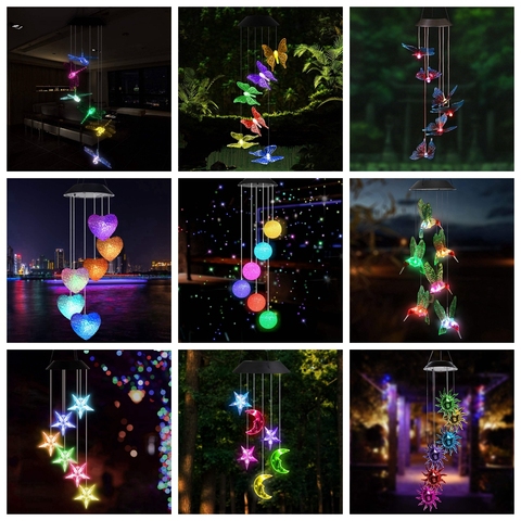 LED Solar Hummingbird Wind Chime Solar String Lights, Waterproof Six  Hummingbird Wind Chimes for Home Party Night Garden Decoration
