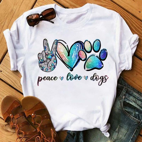 Maycaur Fashion Women Dogs Paws T Shirt Peace Love Dogs Funny Casual O-neck Short Sleeves T-shirt Summer Kawaii Female Tee Shirt ► Photo 1/6