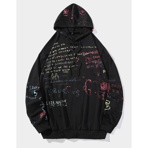 Hoodie Men 2022 Casual Letter Graffiti Long Sleeve Pullover Harajuku Hip Hop Sweatshirt Black Japanese Streetwear FM1286 ► Photo 1/1