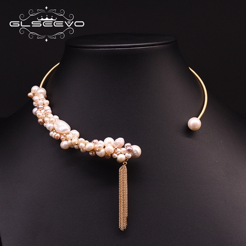 GLSEEVO Handmade Natural Freshwater Pearl Tassel Choker Necklace For Women Luxury Statement Necklace Bijoux Fine Jewelry GN0180 ► Photo 1/4