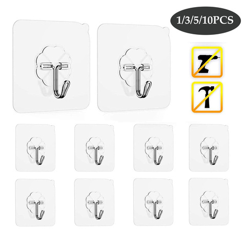 1/3/5/10pcs Wall Hooks Seamless Self Adhesive Hooks Door Wall Hangers Transparent Reusable Hanging Hook for Kitchen Bathroom ► Photo 1/6
