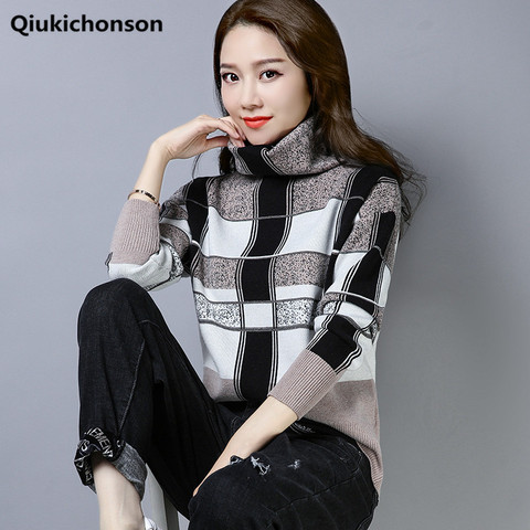 Vintage Plaid Turtleneck Sweater Women Autumn Winter Contrast Color Elegant Pullover Sweaters Knitted Jumpers golf sweter ► Photo 1/6