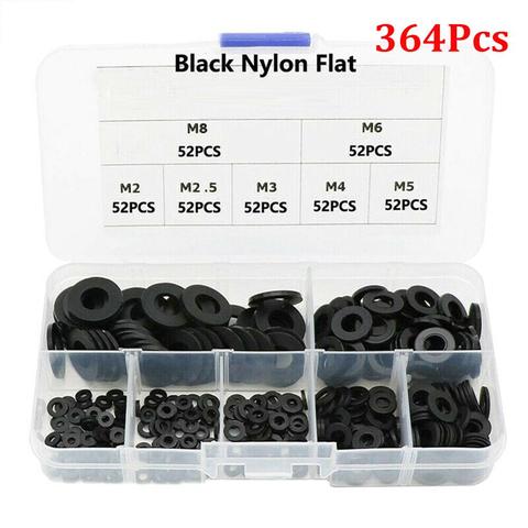 CKEGUO 364PCS Nylon Flat Washer Assortment Kit Black Round Metric Sealing Spacer Washers Gasket Classification Set Compatible with M2 M2.5 M3 M4 M5 M6 M8 