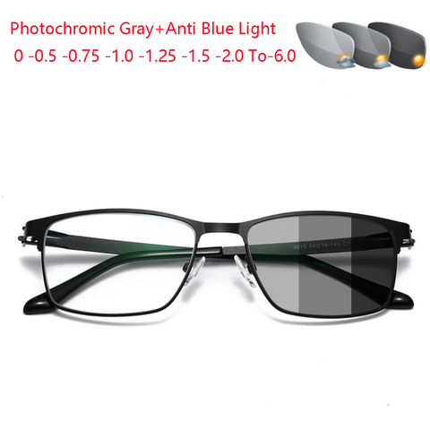 Anti Blue Light And Sun Photochromic Gray Square Prescription Eyeglasses Metal Men Power Spectacles 0 -0.5 -0.75 -1.0 To -6.0 ► Photo 1/6