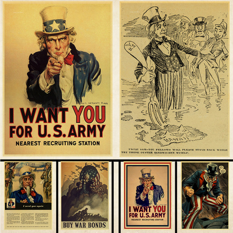 World War II  Uncle Sam poster military Recruit Advertisement vintage Poster i want to you bar home decor Wall Sticker ► Photo 1/6