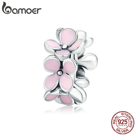 bamoer Silver 925 Pink Enamel Flower Charm for Women Original Bracelet Bangle 925 Sterling Silver DIY Jewelry Beads SCC1484 ► Photo 1/6