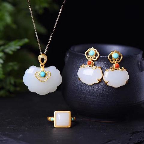 Natural Hetian  jade jewelry set China retro classic palace style unique ancient gold craft charm women's silver  ► Photo 1/6