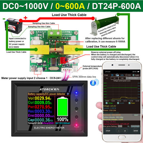 DT24P 1000V/600A IPS digital display DC Power Voltmeter Ammeter Battery Capacity Tester voltage Gauge detector Meter For App ► Photo 1/3