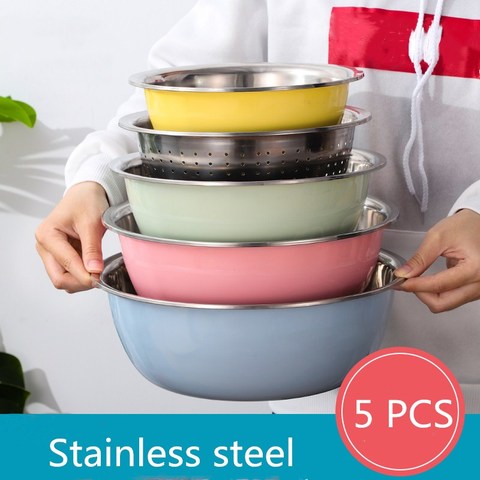 5PCS Stainless Steel Salad Bowl Drain Basket Drainer Mixing Bowls Set Kitchen Vegetables Fruit Washing Storage Container ► Photo 1/6