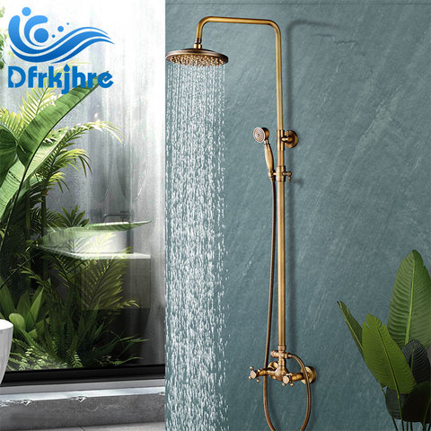 Bathroom Antique Brass Shower Faucet Set 8'' Rainfall Shower Dual Handle Mixer Tap Swivel Tub Spout Bath Shower Commodity Shelf ► Photo 1/6