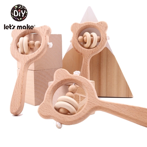 Wooden Rattle Baby Toys 1pc Beech Bear Hand Teething Wooden Ring Baby Rattles Play Gym Montessori Toy Stroller Educational Toys ► Photo 1/6