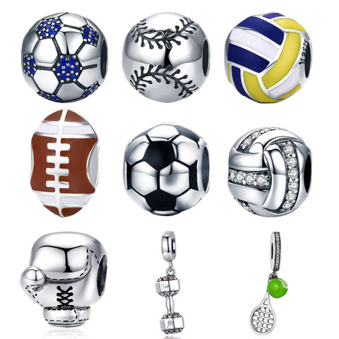 BISAER Authentic 925 Sterling Silver Football ball Sport Love Volleyball Soccer Balls Charms Fit Silver Beads DIY Jewelry Making ► Photo 1/6