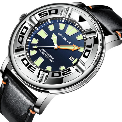 Fashion Leather Men Watches Top Brand Luxury Waterproof Blue Face Military Auto Date Quartz Wrist Watches Relogio Masculino ► Photo 1/6