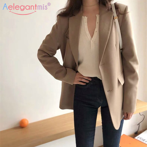 Aelegantmis Spring New Fashion Blazer Jacket Women Casual Pockets Long Sleeve Work Suit Coat Office Lady Solid Slim Blazers 2022 ► Photo 1/6