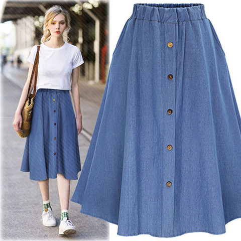 Fashion Korean Preppy Style Denim Skirts Women Solid Color Long Skirt Nature Waist Female Big Hem Casual Button Jean Skirt ► Photo 1/6