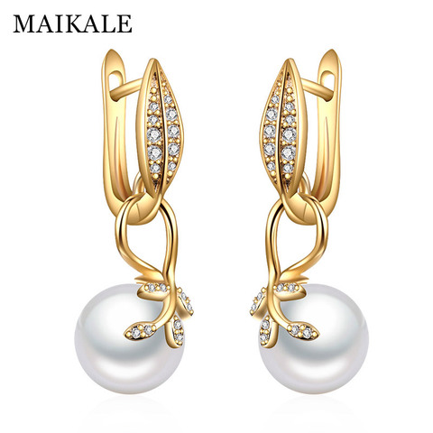 MAIKALE New Simple Leaf Shape Drop Earrings With Pearl Gold Silver Color AAA Cubic Zirconia Korean Earrings For Women Send Gifts ► Photo 1/6