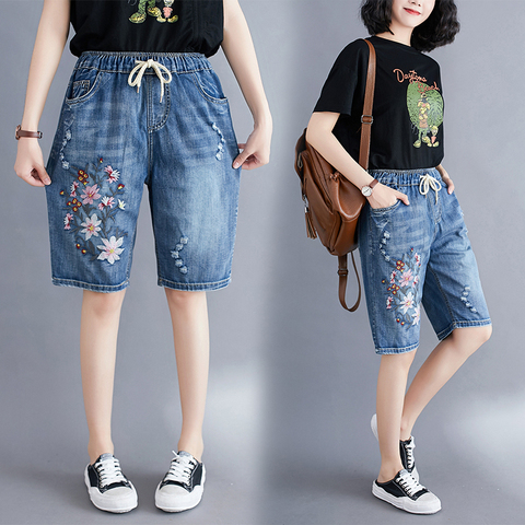 Women Summer Folk Style Elastic Waist Floral Embroidery Drawstring Ripped Shorts Female Office Lady Casual Loose Denim Short ► Photo 1/5