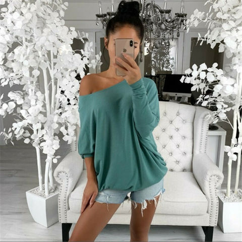 New Autumn Women Lady Off Shoulder Plain T Shirts Batwing Sleeve Long Sleeve Loose Baggy Casual Jumper Pullover Tops Tee Top ► Photo 1/6