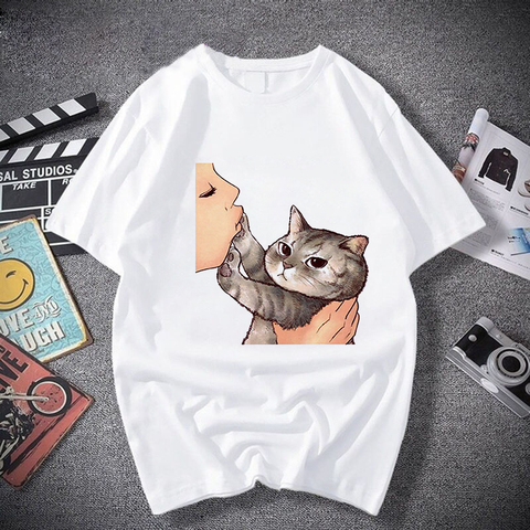 Cat Graphic Print Women T Shirts Harajuku Funny Female Tshirt White Tops Casual Short Tees Woman Oversize Tshirt Fashion Tee ► Photo 1/6