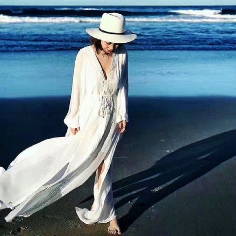 Long Beachwear 2022 Summer Pareo Beach Cover Up Chiffon White Bikini Cover Up Kaftan Saida De Praia Swimsuit Cover Up #Q399 ► Photo 1/6