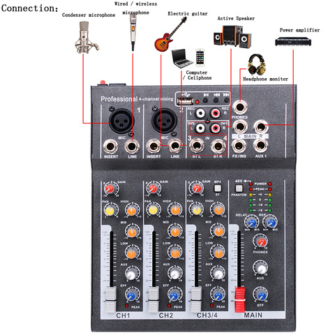 Mini Portable Audio Mixer with USB DJ Sound Mixing Console MP3 Jack 4 Channel Karaoke 48V Amplifier For Karaoke KTV Match Party ► Photo 1/6