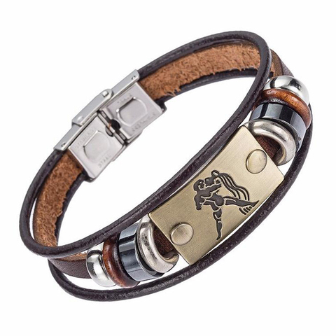 Drop Shipping Hot Selling Europe Fashion 12 zodiac signs Bracelet With Stainless Steel Clasp Leather Bracelet for Men B002 ► Photo 1/6